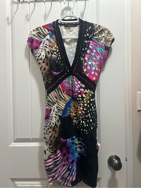 Roberto Cavalli Vintage Black Multicolor Abstract & Animal Print V-Neck Dress